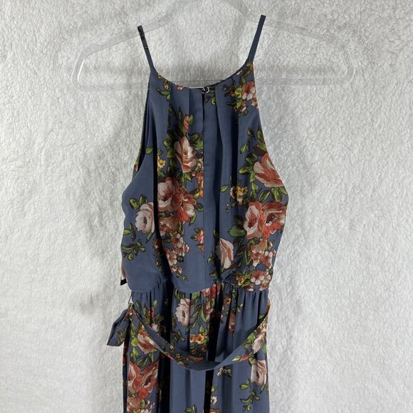 BCX NWT Womens M  Floral Blue Halter Maxi Slit Pleated Dress Belt Sheer Overlay - Picture 9 of 16